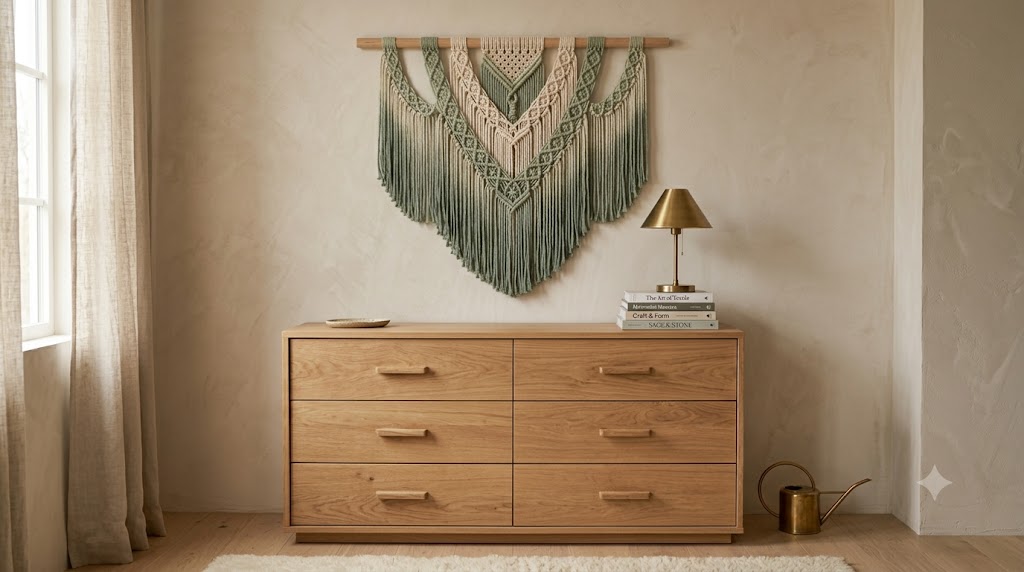 Oversized Dipped Macramé Wall Hangings Over Oak Dressers